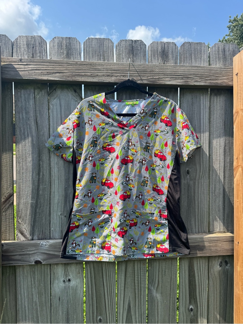 Gray Scrub Short-Sleeve FALL Top with Colorful Car & Animal Print